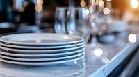 Stack of clean white plates and wine glasses on table with soft bokeh lights in background, creating elegant dining atmosphere for restaurant or event setting.