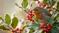 Small robin bird perched on holly branch with bright red berries among green leaves in natural winter garden setting for seasonal wildlife photography.