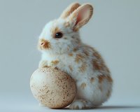 Adorable spotted baby bunny with large ears sitting next to a speckled egg against neutral background, perfect for Easter or spring designs.
