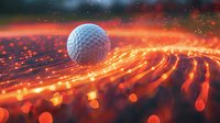 Golf ball on glowing orange spiral light trail with bokeh effect and particles, dramatic sports concept against dark background. Suitable for sports marketing.