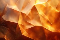 Abstract geometric background with golden orange crystalline shapes and light effects creating dynamic angular patterns with glowing translucent surfaces.