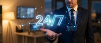 Professional businessman in suit presenting holographic 24/7 text with digital network connections in modern office environment for customer service concepts.