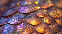 Shimmering metallic scales with iridescent purple and gold reflections create mesmerizing abstract pattern in macro photography, glowing with magical light effect.