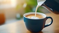 Pouring creamy milk into dark blue coffee cup creating artistic swirl pattern on wooden table with soft blurred background, morning coffee ritual.