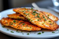 Grilled fish fillets seasoned with herbs and spices on white plate, garnished with fresh chopped parsley. Golden-brown crispy exterior with tender, flaky texture.