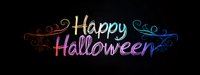 Colorful gradient Happy Halloween text with decorative swirls on black background, glowing neon effect lettering for seasonal greeting cards and designs.