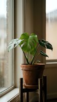 Monstera plant in terracotta pot on wooden stand by window creating cozy indoor garden atmosphere for home decor and botanical interior design projects.
