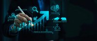 Business professional analyzing financial growth data with digital interface displaying charts, graphs and analytics icons on dark background.