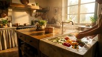 Warm sunlit kitchen with wooden island countertop, fresh vegetables and ingredients prepared for cooking, modern sink and faucet, open shelving with plants and kitchenware, ideal for culinary and home design projects.