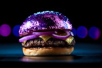 Cosmic burger with sparkly purple glitter bun, beef patty and cheese on dark background with colorful bokeh lights, creative food photography for restaurant menu.