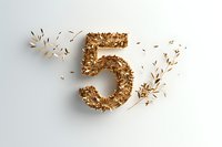 Golden number 5 with scattered metallic fragments and particles creating dynamic motion effect on white background, isolated decorative typography element.