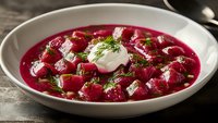 Traditional borscht soup with diced beets, fresh dill garnish and sour cream dollop served in white ceramic bowl on rustic wooden table. Close up view.