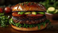Juicy grilled beef burger with fresh lettuce, tomato, avocado slices and herbs on brioche bun, close up view on rustic wooden background with ingredients.