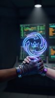 Business partnership handshake with glowing neon arrows symbol representing collaboration, teamwork and success in modern office environment.