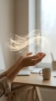 Hand holding glowing digital wireframe interface with flowing light waves above wooden desk, representing technology innovation, data visualization, and futuristic digital transformation.