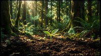 Young green plant seedling emerging from rich dark soil in lush forest with sunlight filtering through trees, symbolizing new life, growth and nature.