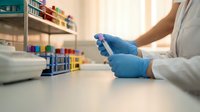 Lab technician in blue gloves holding a blood test tube at a white desk, with colorful sample racks in the background.