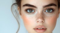 Close up portrait of young woman with freckles, natural makeup, blue eyes and glowing skin against light background. For beauty and skincare advertising.