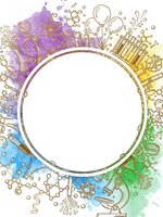 Colorful science frame with laboratory equipment, molecular structures, microscope and test tubes on watercolor background for educational materials.
