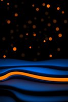 Abstract waves of blue and orange light with glowing bokeh particles against dark background create mesmerizing minimalist composition.