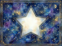 Golden star frame on cosmic galaxy background with constellations and celestial elements for astrology designs and mystical decorations.