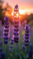 Purple lavender flowers blooming in golden sunset light with warm bokeh background for aromatherapy and natural wellness concepts.