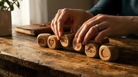 Hands arranging wooden blocks with customer service icons on rustic table for business feedback and rating concept.