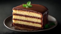Slice of layered vanilla and chocolate cake with dark chocolate ganache glaze and fresh mint garnish on black plate against dark background. Elegant dessert.