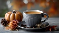 Cozy autumn coffee in gray ceramic cup with pumpkin, chrysanthemum flowers, pine cone, and fall leaves on rustic wooden table with blurred background.