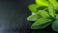 Fresh sage leaves with water droplets on dark wooden background, macro view showing detailed leaf texture and veins. Natural herb cooking ingredient.