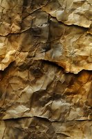 Crumpled brown paper texture with dramatic shadows and creases creating abstract pattern. Aged vintage effect with torn edges and wrinkled surface.