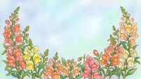 Watercolor snapdragon flowers border in pink, orange and yellow tones on soft blue-green background, forming an arch frame with copy space.