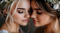 Two young women in white floral crowns with natural makeup and closed eyes share intimate moment, faces close together surrounded by delicate white flowers.