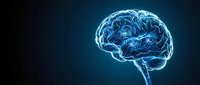 Digital brain with glowing neural networks and circuits on dark blue background for technology, artificial intelligence and medical concepts.