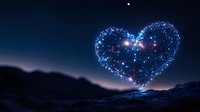 Glowing heart constellation floating above mountain landscape at twilight with sparkling stars and cosmic light effects against deep blue night sky.