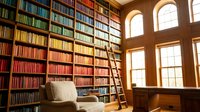 Elegant library interior with floor-to-ceiling bookshelves, wooden ladder, comfortable reading chair and natural sunlight streaming through arched windows.