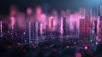 Futuristic cityscape with glowing neon towers and bokeh lights in purple and pink hues creates atmospheric cyberpunk mood against dark background.