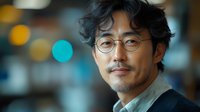 Asian middle-aged businessman wearing round glasses smiling confidently at camera. Professional portrait with soft bokeh background showing leadership and success.