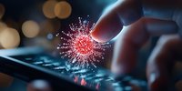 Digital virus attack concept with glowing red particle explosion over computer keyboard, fingers typing in dark background with bokeh lights.