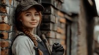Young Caucasian woman in casual workwear and cap leaning against brick wall, holding coffee cup with gentle smile, warm autumn tones, lifestyle portrait for cafe marketing.
