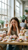 Woman with curly brown hair and olive skin tone experiencing stress and headache while surrounded by colorful donuts, cupcakes and sweets at table in bright kitchen with windows and plants.