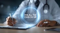 Medical professional with stethoscope writing notes during health checkup, with futuristic digital interface displaying health data and analytics.