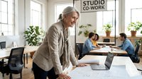 Senior woman architect reviewing blueprints at desk in bright coworking studio space with diverse team collaborating in background, modern office environment for business and design projects.