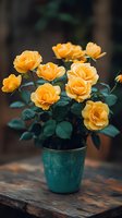 Vibrant yellow roses bloom in turquoise ceramic pot against dark background, placed on rustic wooden surface. Fresh garden flowers with deep green foliage create romantic mood.