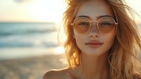 Young blonde woman wearing sunglasses at beach during golden hour sunset with ocean waves in background for summer vacation and travel concepts.