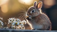 Adorable brown bunny rabbit sniffing white daisies in golden sunset light, side view portrait showing whiskers and fur detail against blurred nature background.