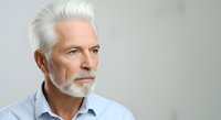 Senior man with white hair and beard wearing light blue shirt, looking away thoughtfully against neutral background. Suitable for healthcare, business, and lifestyle editorial use.