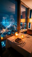 Romantic candlelit dinner table for two with chocolates, wine glasses, city lights bokeh view and love inscription on window at night.