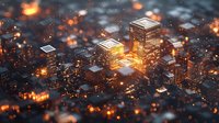 Glowing cityscape with illuminated skyscrapers at night, aerial view with bokeh light effects and warm orange highlights creating atmospheric urban scene.