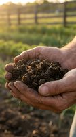 Farmer's weathered hands holding rich dark soil with roots at golden hour, symbolizing sustainable agriculture and earth stewardship.